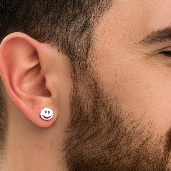 Smiley Face Stud Earrings Round Silver Tone One Size New - Picture 1 of 11